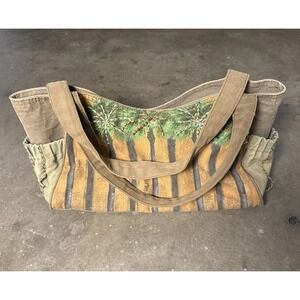 Paul Brent Large Canvas Beach Tote Bag‎ Beaded Zip Palm Tree Jute Braid Stitched